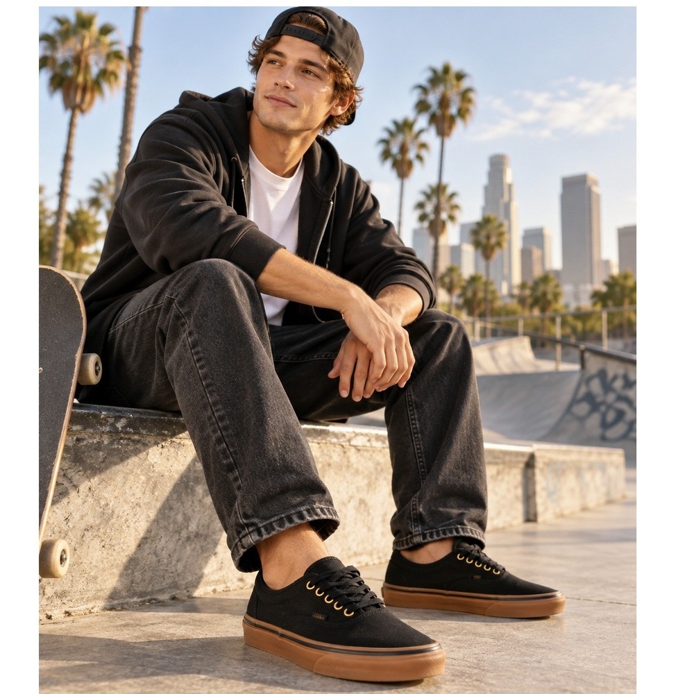 Vans Authentic Men's Size 10 Sneaker Shoes Black Gum Canvas Low Top Skater #1574